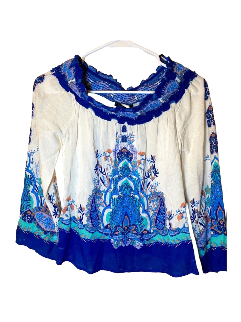 Masquerade Off The Shoulder Bohemian Blue &‎ White Blouse, S